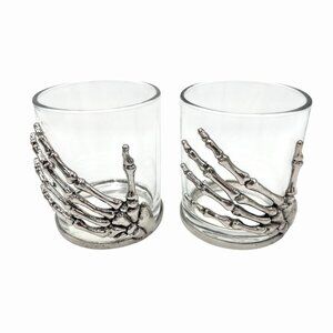 NWT SILVER METAL SKELETON HAND GLASS ROCKS TUMBLER SET HALLOWEEN GOTHIC UNDEAD